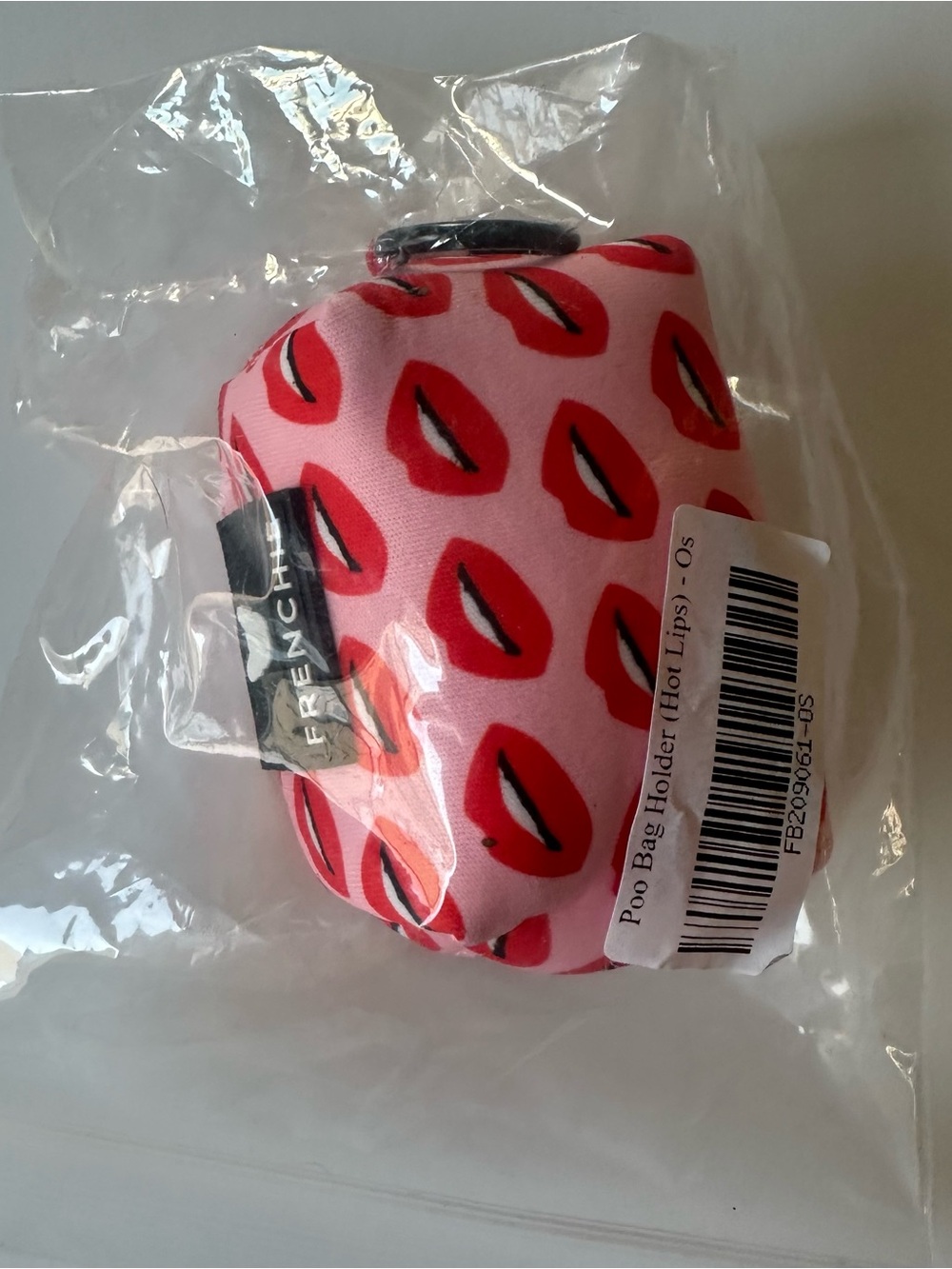 Lip Print Poo Bag Holder - Pink with Red Lips Frenchie Bulldog